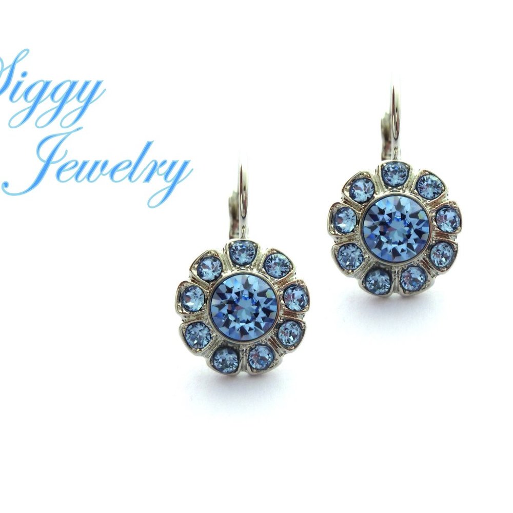 Light Sapphire Flower Cluster Drop Earrings, Made with Genuine Austrian Crystals
